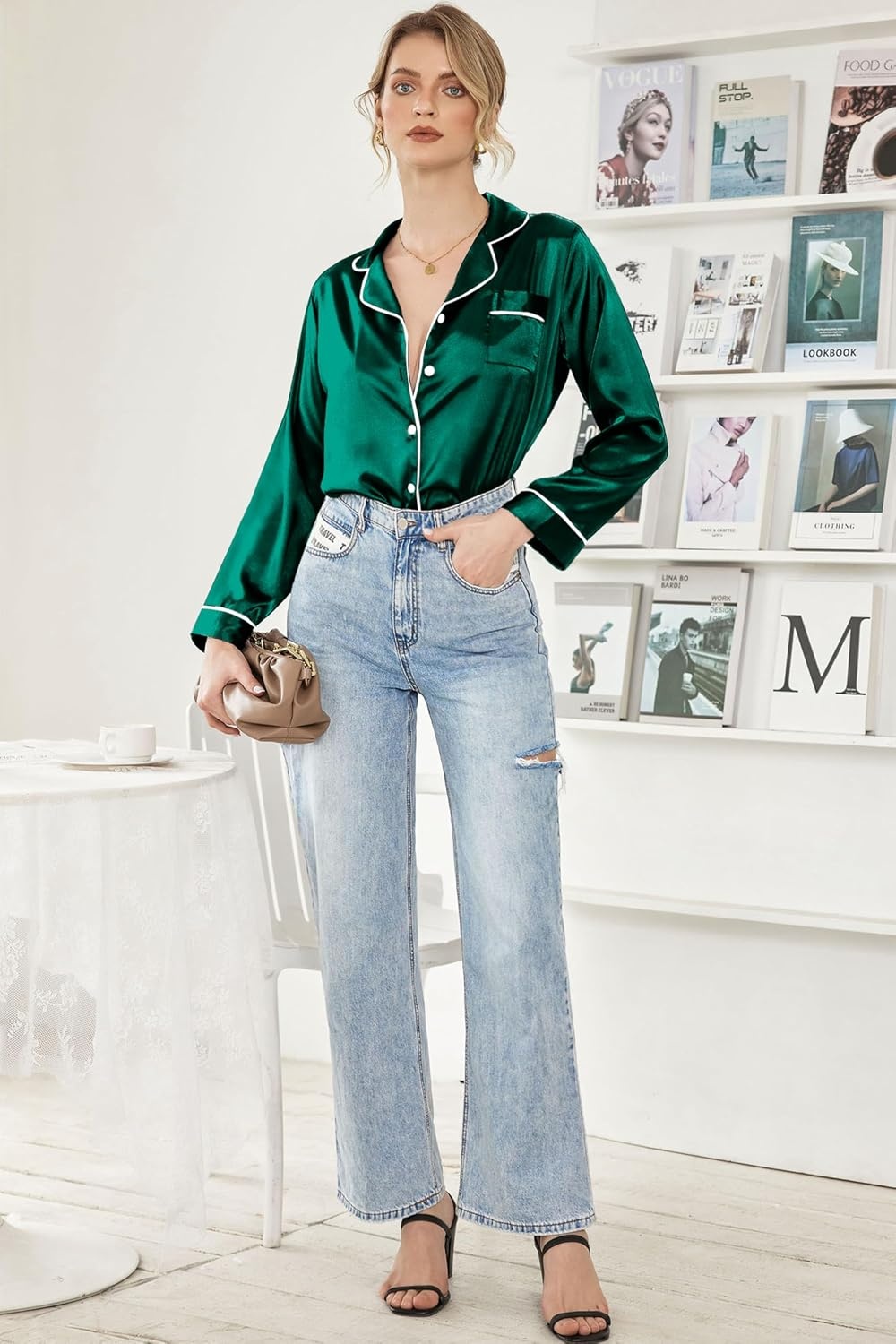 image:imageEkouaer Women Satin Pajamas Set Classic Button Down Long Pjs SetDeep Green 02