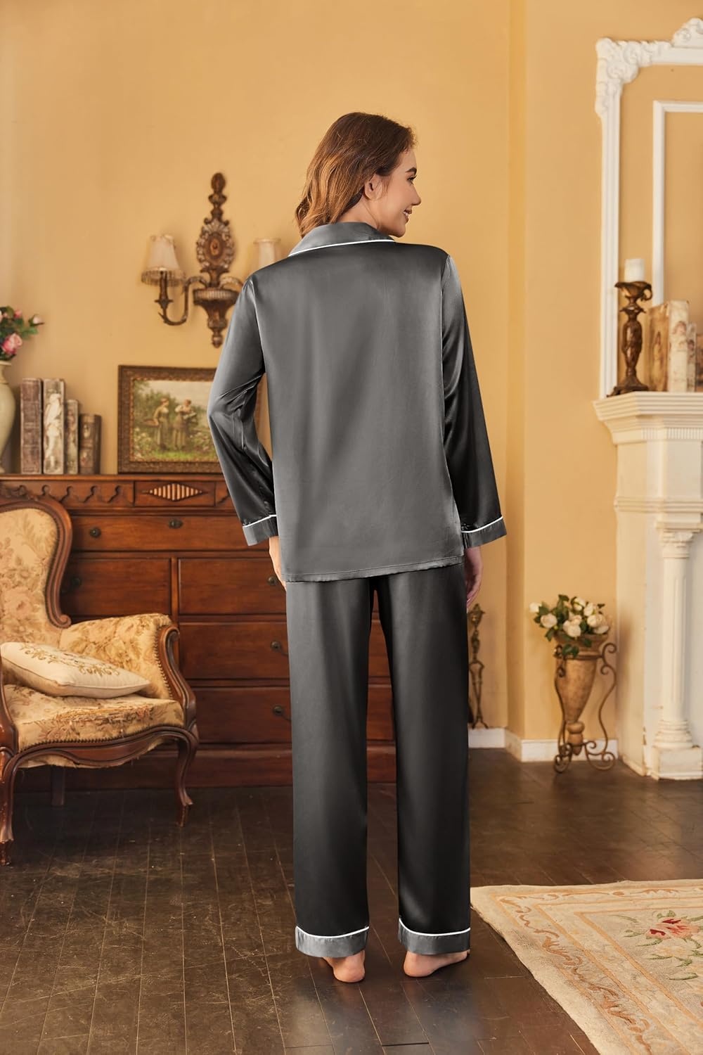 image:imageEkouaer Women Satin Pajamas Set Classic Button Down Long Pjs SetDeep Grey 02