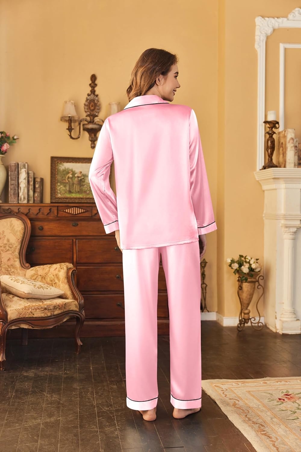 image:imageEkouaer Women Satin Pajamas Set Classic Button Down Long Pjs SetDeep Pink 02