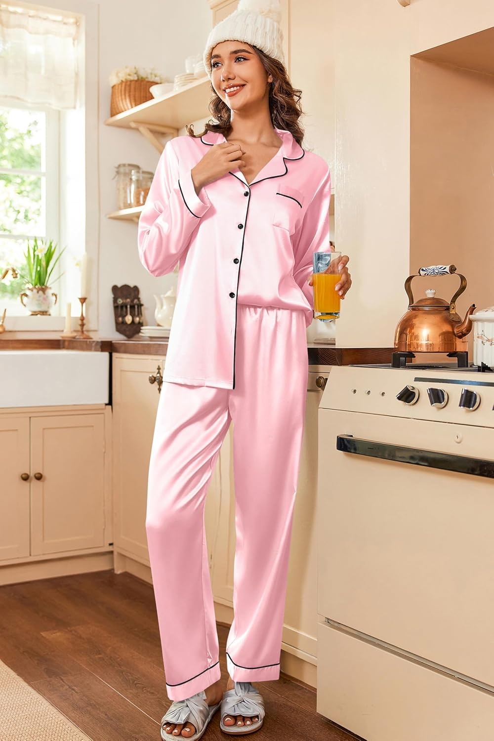 image:imageEkouaer Women Satin Pajamas Set Classic Button Down Long Pjs SetDeep Pink 02