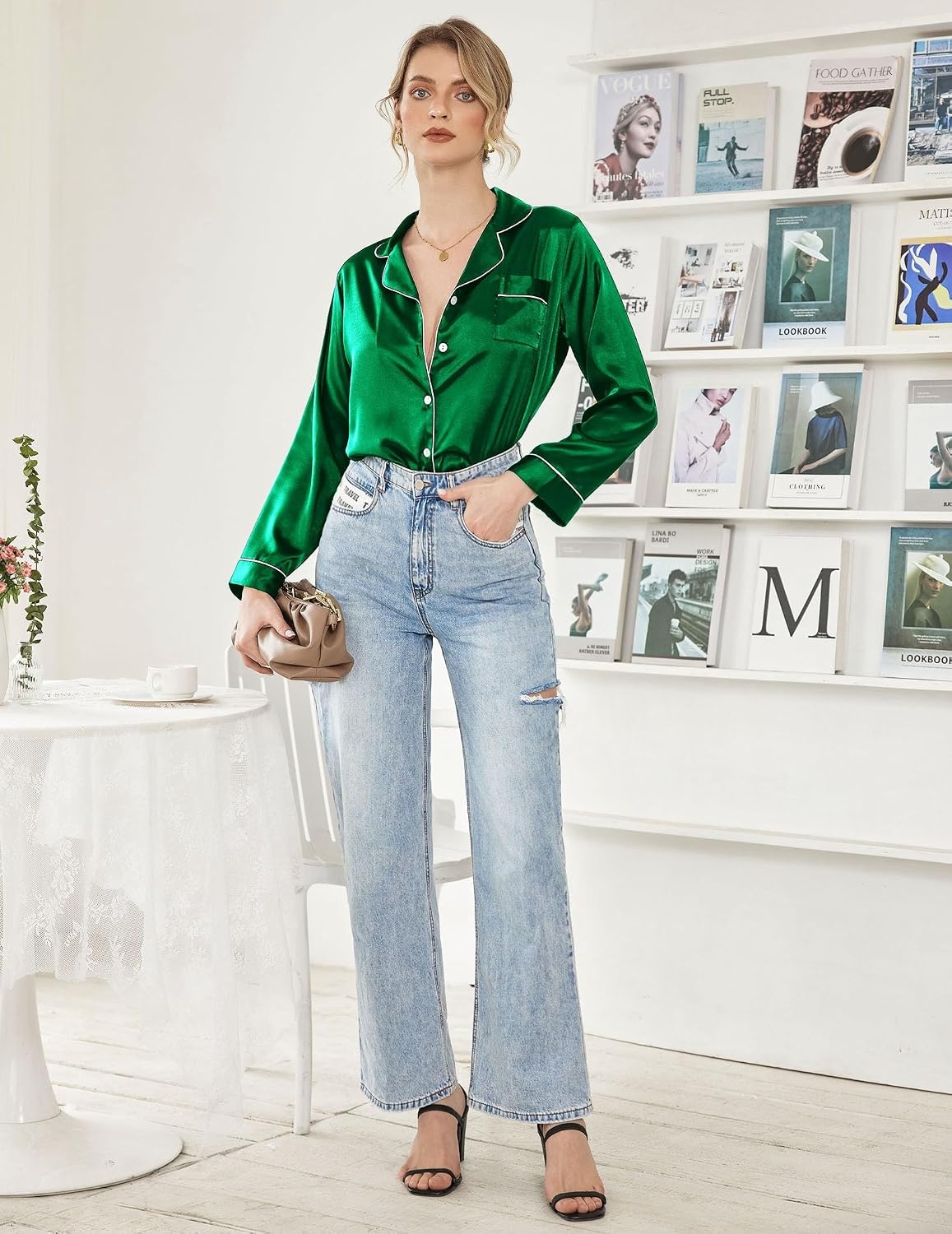 image:imageEkouaer Women Satin Pajamas Set Classic Button Down Long Pjs SetGreen 02