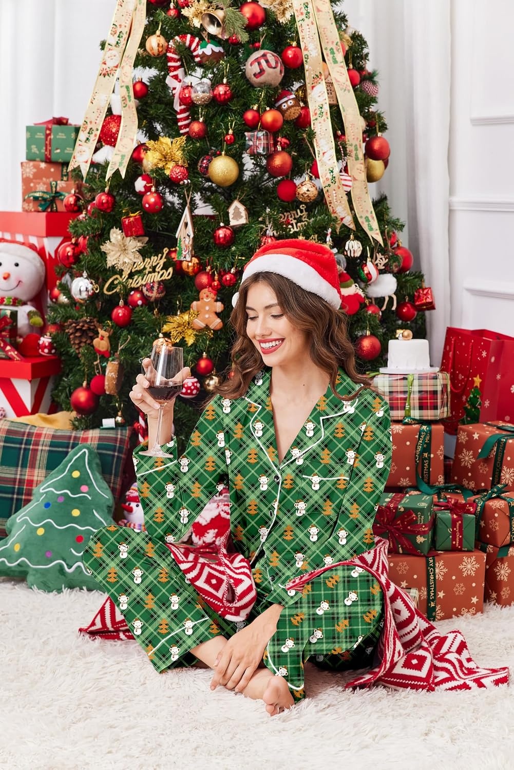 image:imageEkouaer Women Satin Pajamas Set Classic Button Down Long Pjs SetGreen Christmas Teddy 02