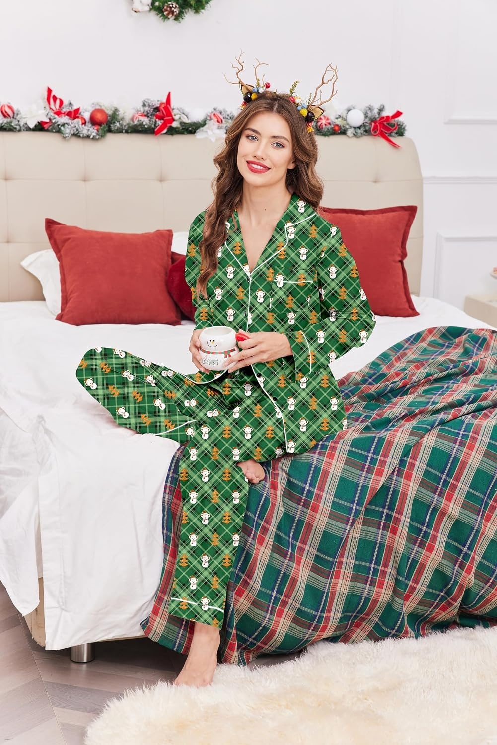 image:imageEkouaer Women Satin Pajamas Set Classic Button Down Long Pjs SetGreen Christmas Teddy 02