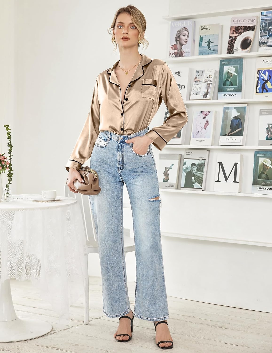 image:imageEkouaer Women Satin Pajamas Set Classic Button Down Long Pjs SetKhaki 02