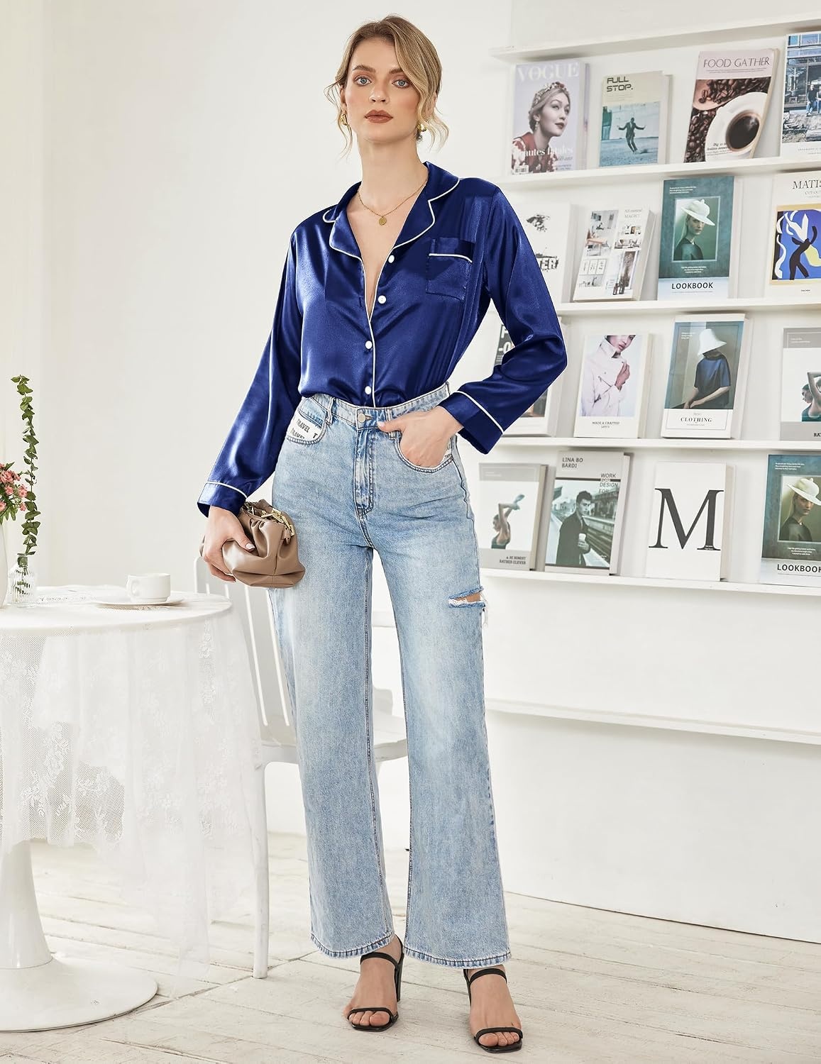 image:imageEkouaer Women Satin Pajamas Set Classic Button Down Long Pjs SetNavy Blue 02