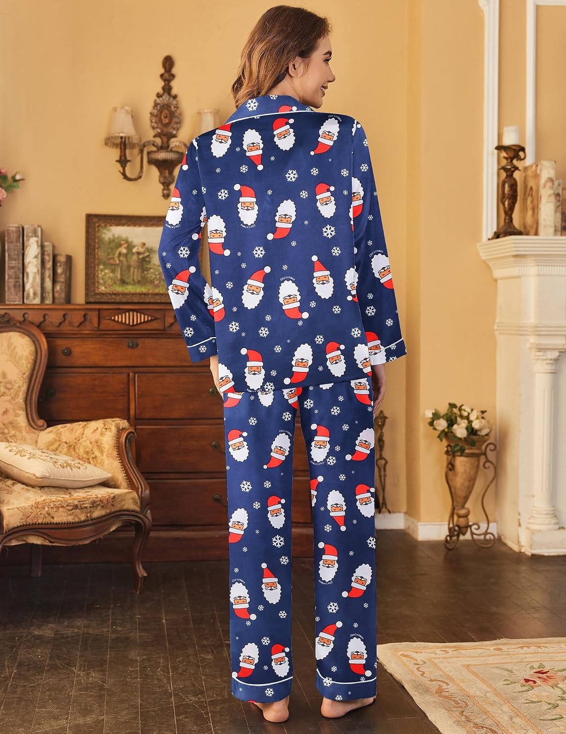image:imageEkouaer Women Satin Pajamas Set Classic Button Down Long Pjs SetNavy Blue Christmas 02