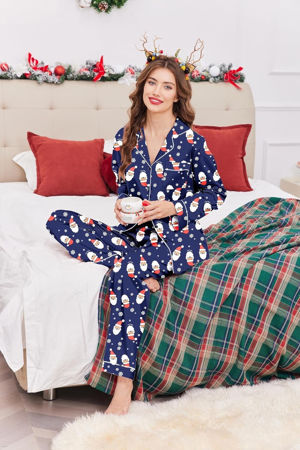 image:imageEkouaer Women Satin Pajamas Set Classic Button Down Long Pjs SetNavy Blue Christmas 02