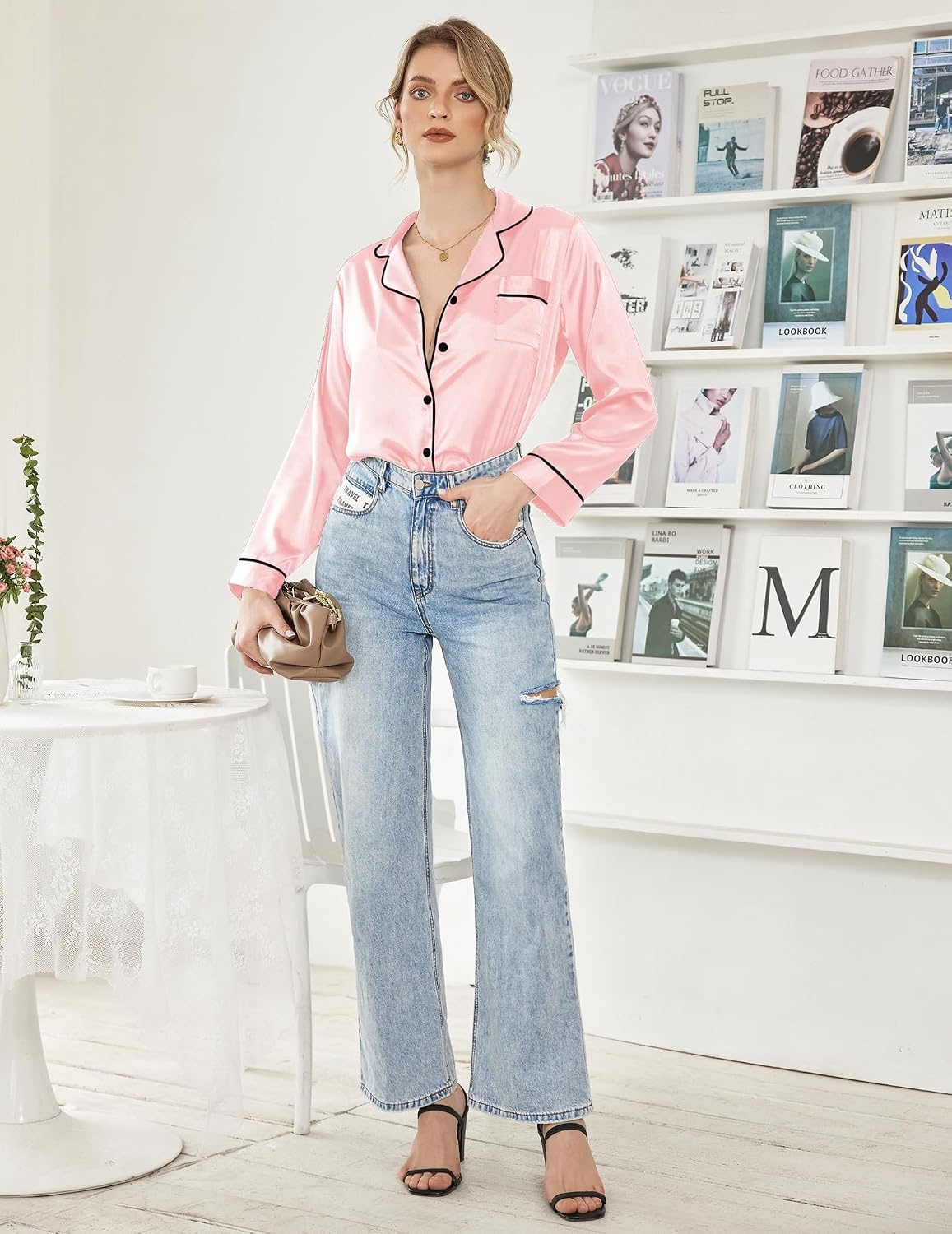 image:imageEkouaer Women Satin Pajamas Set Classic Button Down Long Pjs SetPastel Pink 02