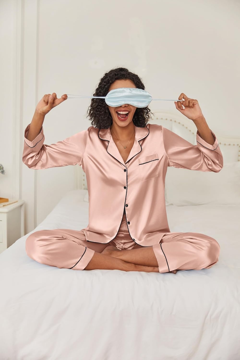 image:imageEkouaer Women Satin Pajamas Set Classic Button Down Long Pjs SetPink 02