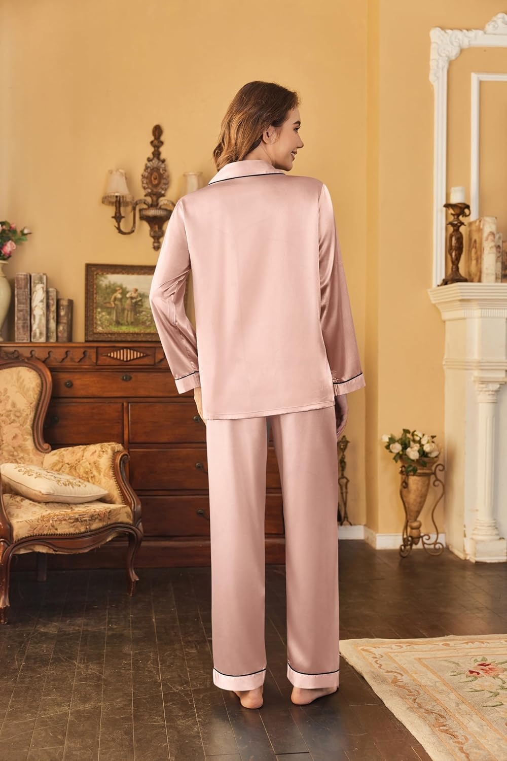 image:imageEkouaer Women Satin Pajamas Set Classic Button Down Long Pjs SetPink 02