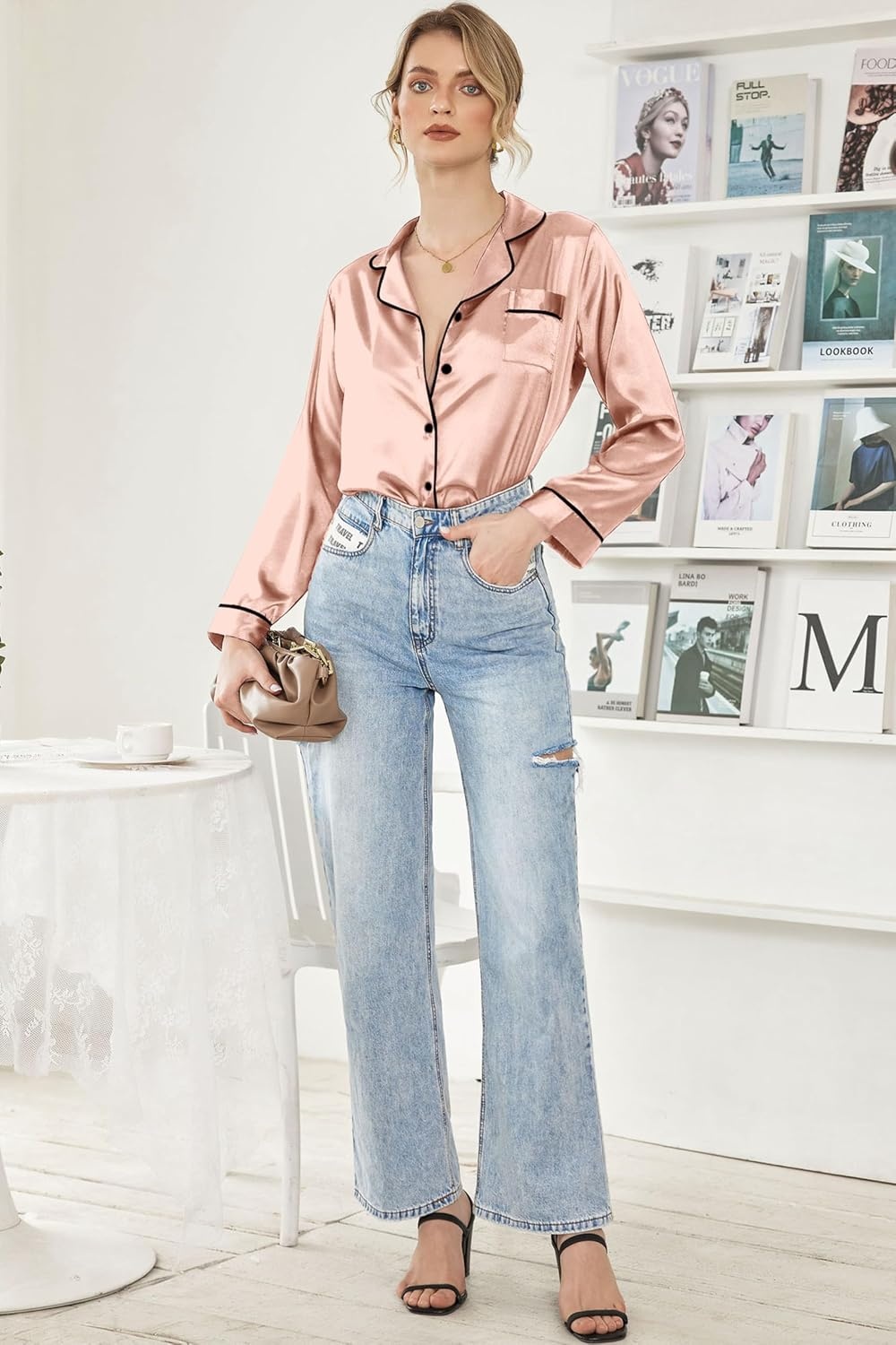 image:imageEkouaer Women Satin Pajamas Set Classic Button Down Long Pjs SetPink 02