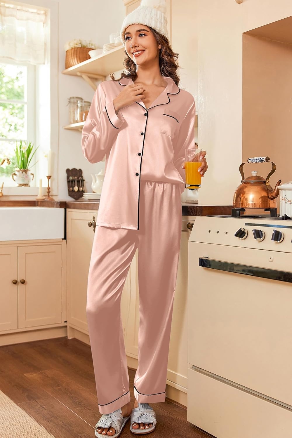 image:imageEkouaer Women Satin Pajamas Set Classic Button Down Long Pjs SetPink 02