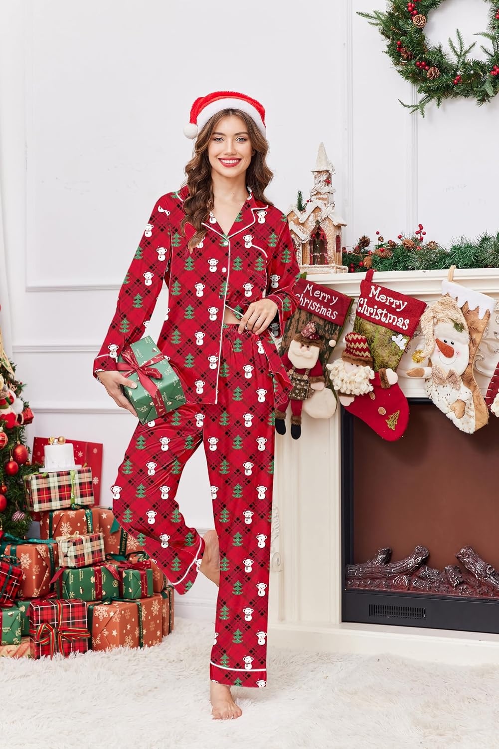 image:imageEkouaer Women Satin Pajamas Set Classic Button Down Long Pjs SetRed Christmas Teddy 02