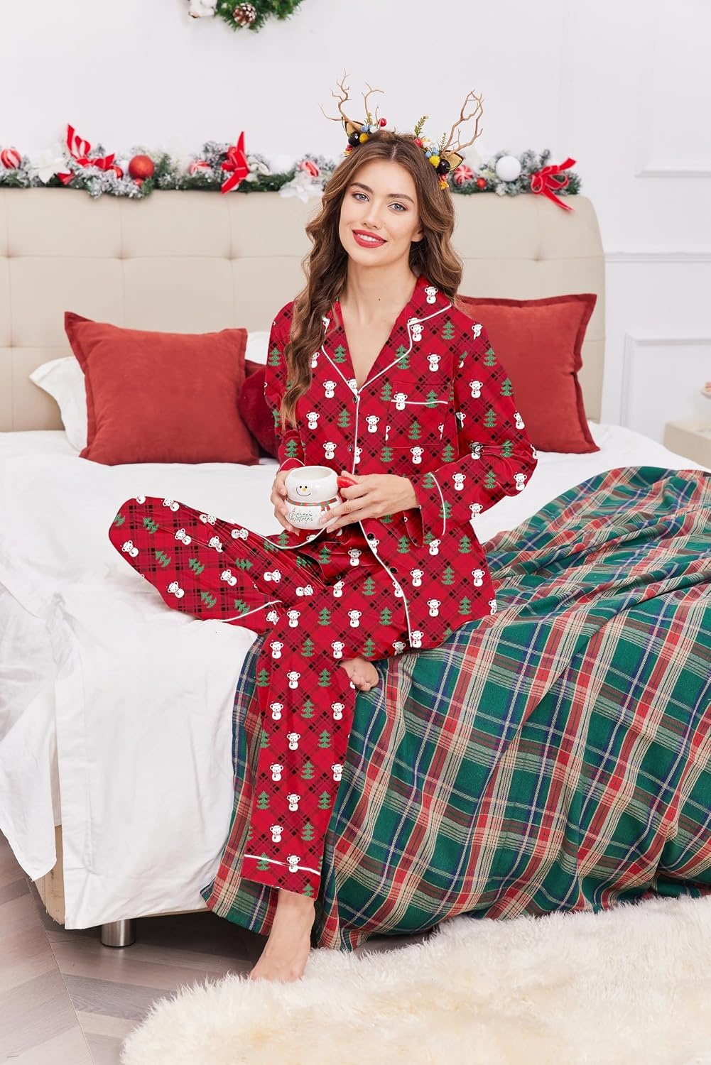 image:imageEkouaer Women Satin Pajamas Set Classic Button Down Long Pjs SetRed Christmas Teddy 02