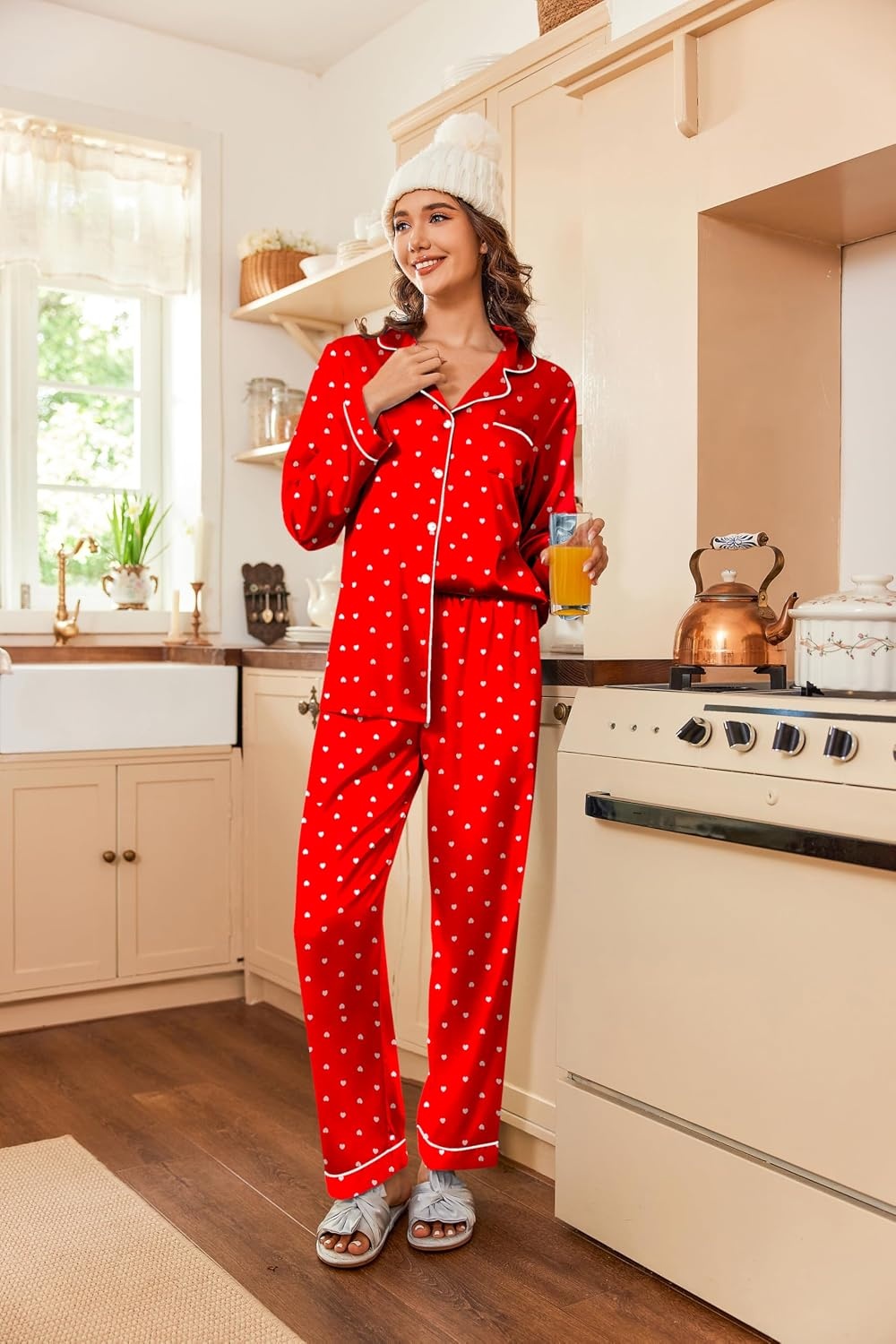 image:imageEkouaer Women Satin Pajamas Set Classic Button Down Long Pjs SetRed Heart 02