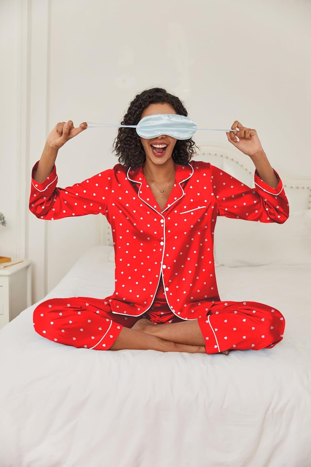 image:imageEkouaer Women Satin Pajamas Set Classic Button Down Long Pjs SetRed Heart 02