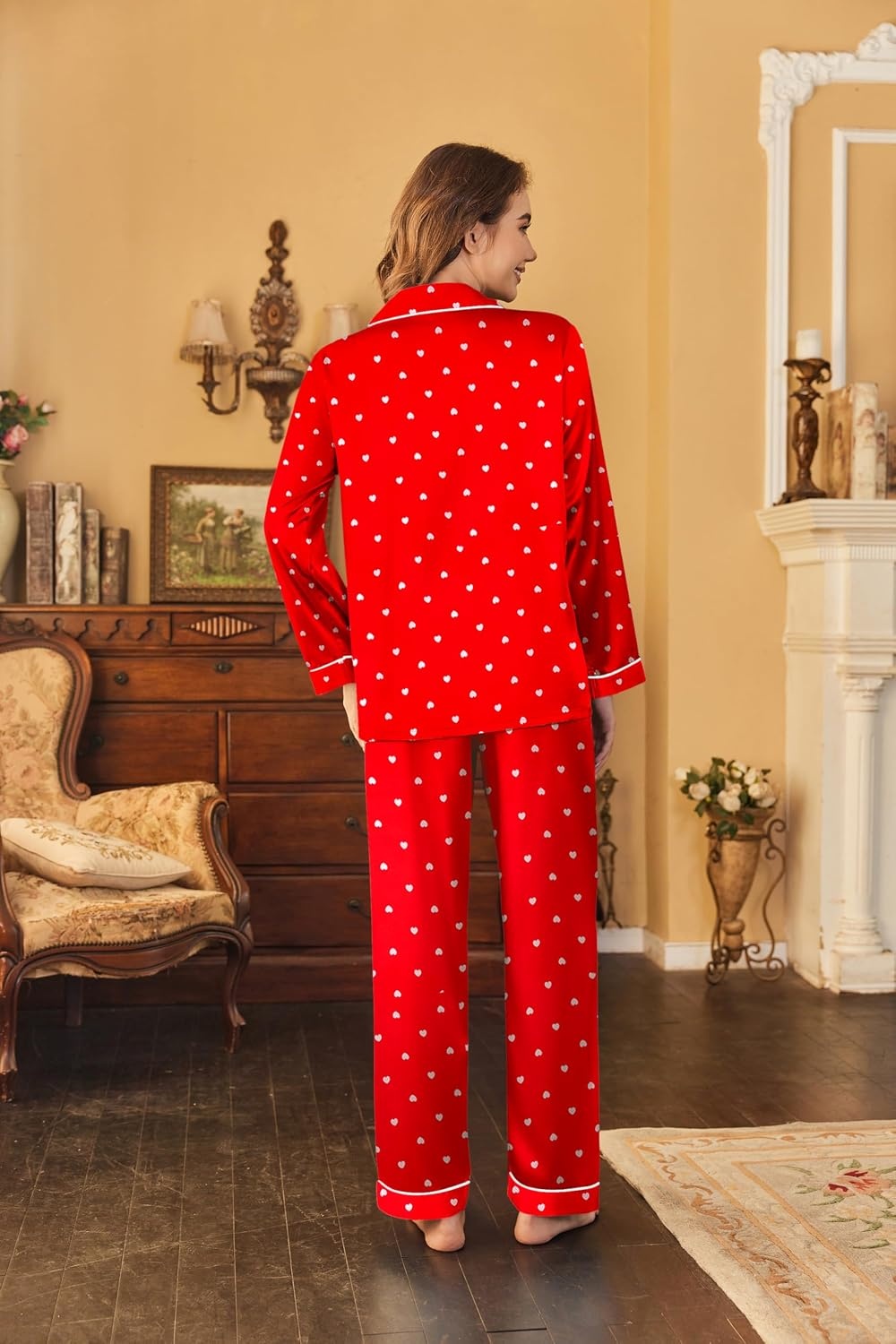 image:imageEkouaer Women Satin Pajamas Set Classic Button Down Long Pjs SetRed Heart 02