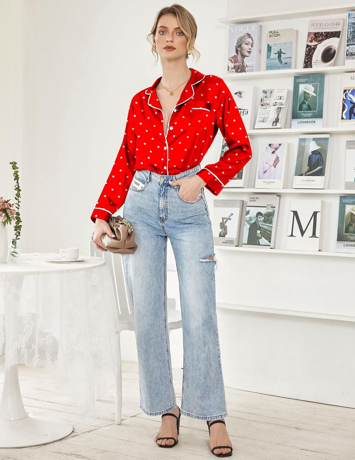 image:imageEkouaer Women Satin Pajamas Set Classic Button Down Long Pjs SetRed Heart 02