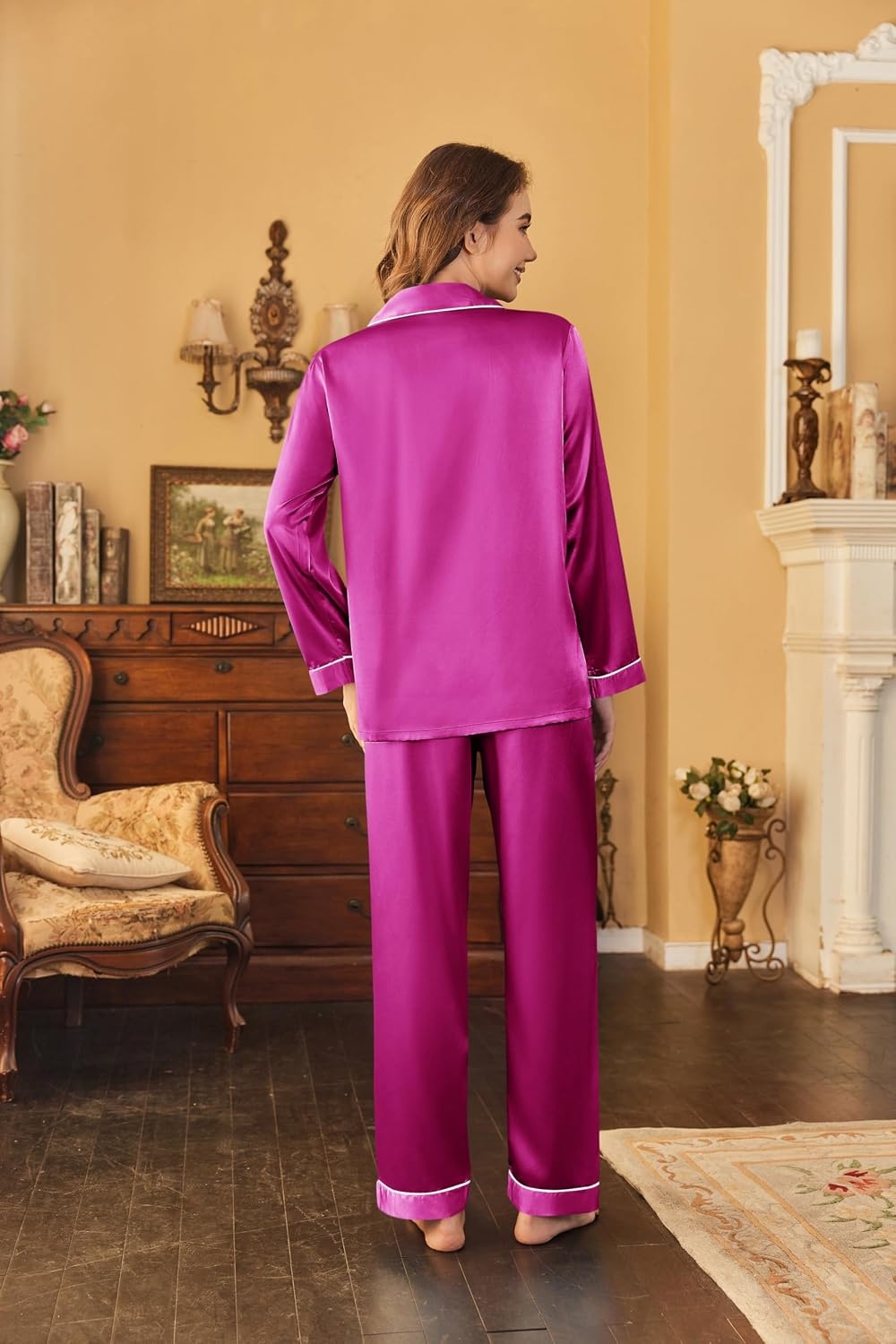 image:imageEkouaer Women Satin Pajamas Set Classic Button Down Long Pjs SetRose 02