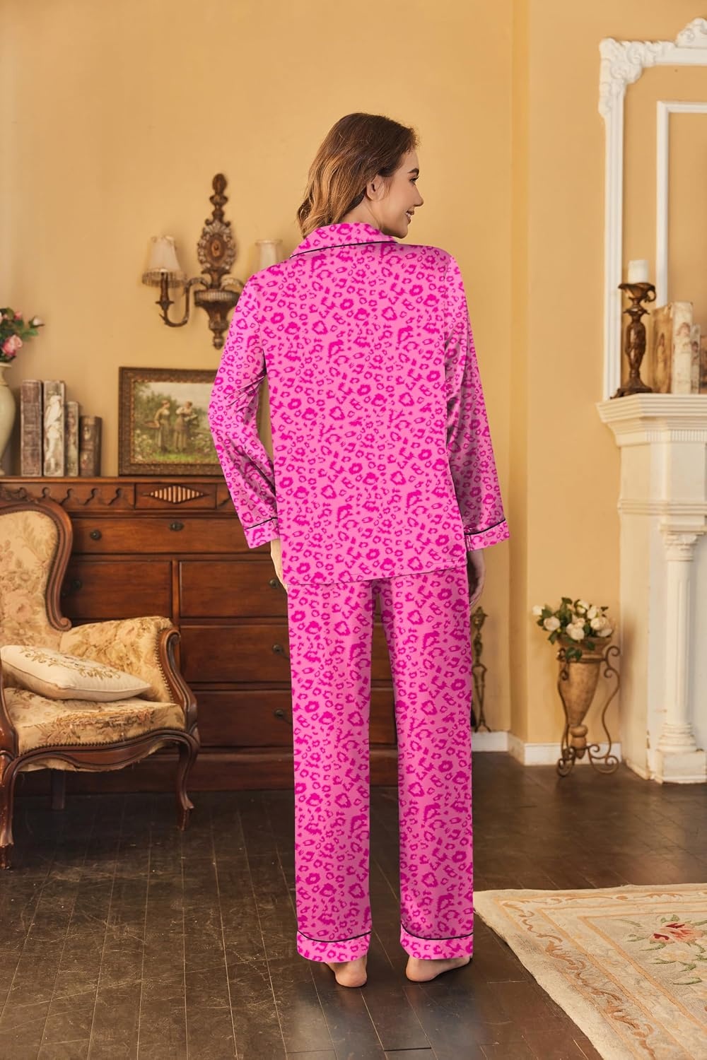 image:imageEkouaer Women Satin Pajamas Set Classic Button Down Long Pjs SetRose Leopard 02