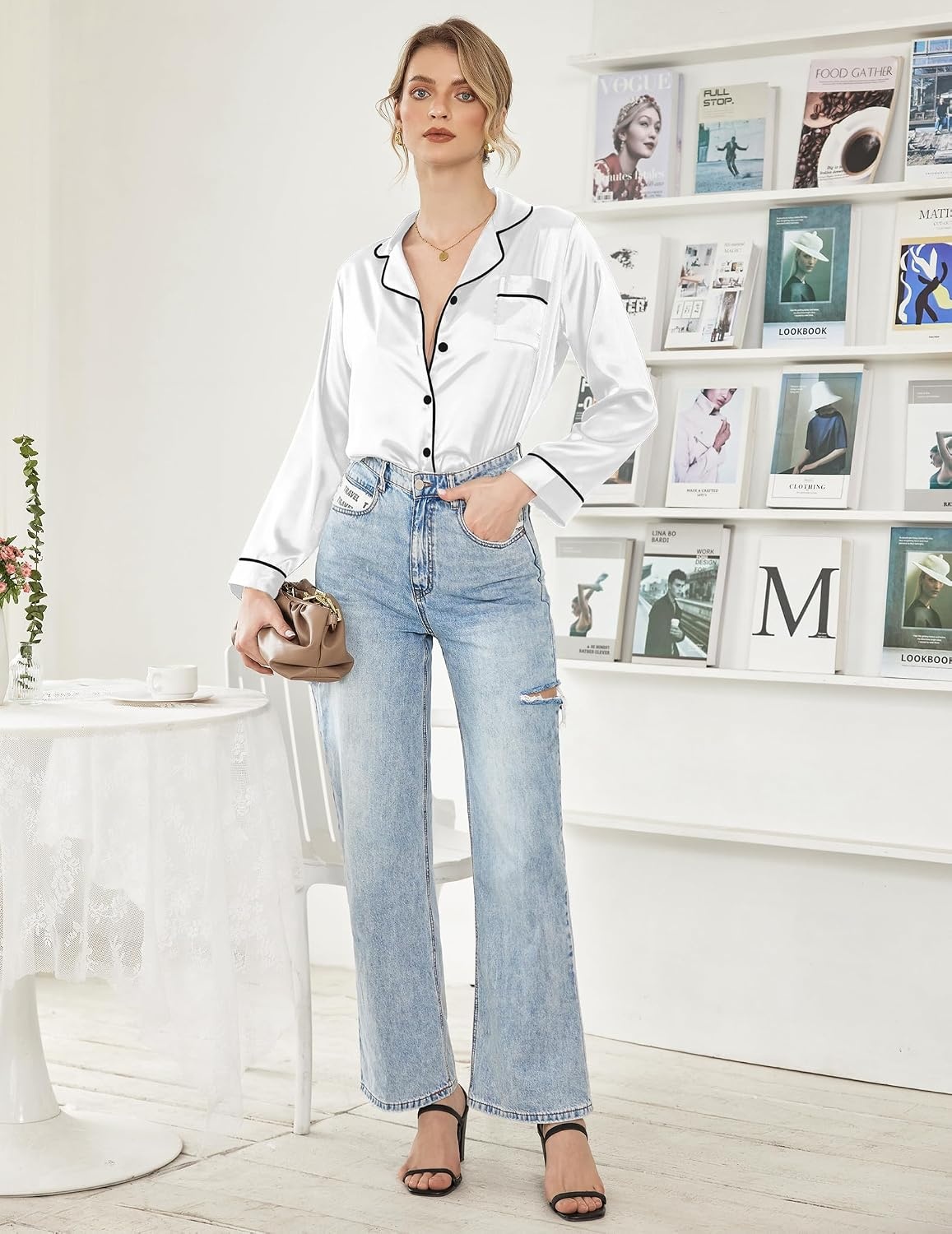 image:imageEkouaer Women Satin Pajamas Set Classic Button Down Long Pjs SetWhite 02