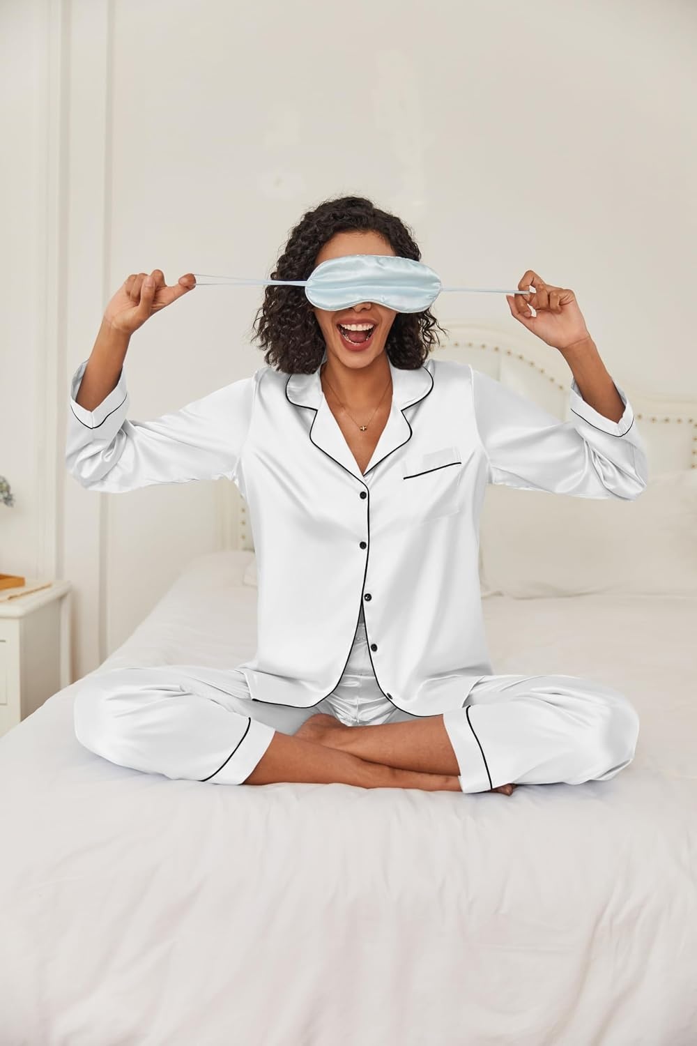 image:imageEkouaer Women Satin Pajamas Set Classic Button Down Long Pjs SetWhite 02