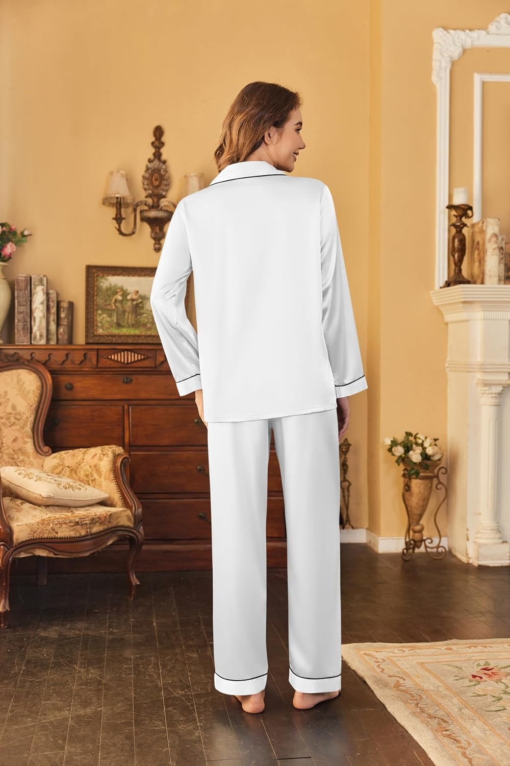 image:imageEkouaer Women Satin Pajamas Set Classic Button Down Long Pjs SetWhite 02