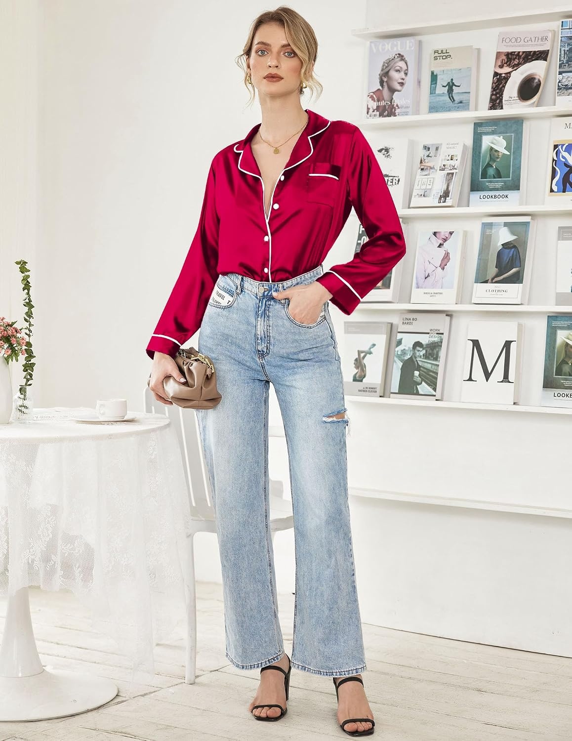 image:imageEkouaer Women Satin Pajamas Set Classic Button Down Long Pjs SetWine Red 02