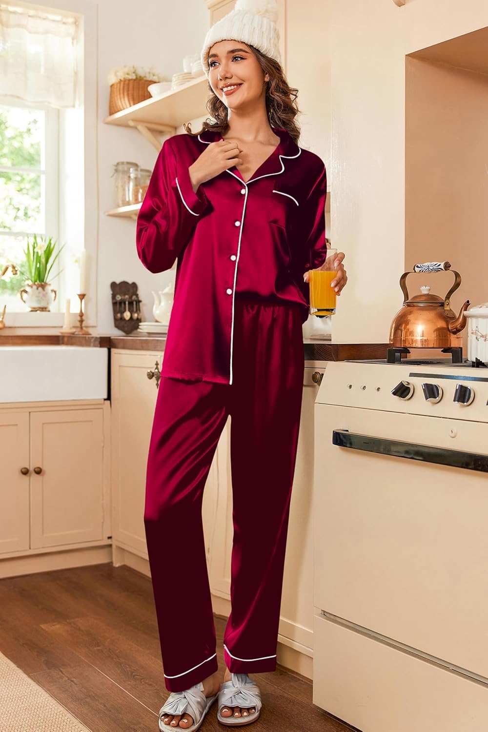 image:imageEkouaer Women Satin Pajamas Set Classic Button Down Long Pjs SetWine Red 02