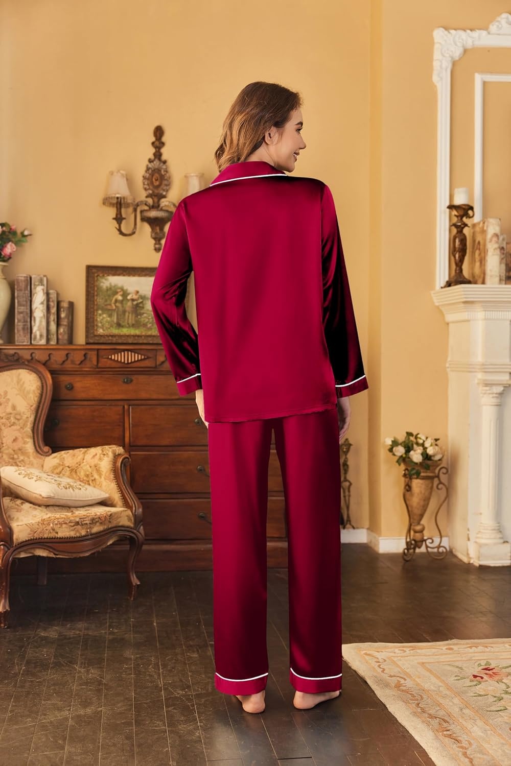image:imageEkouaer Women Satin Pajamas Set Classic Button Down Long Pjs SetWine Red 02