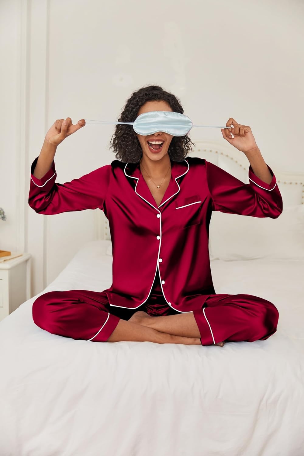 image:imageEkouaer Women Satin Pajamas Set Classic Button Down Long Pjs SetWine Red 02