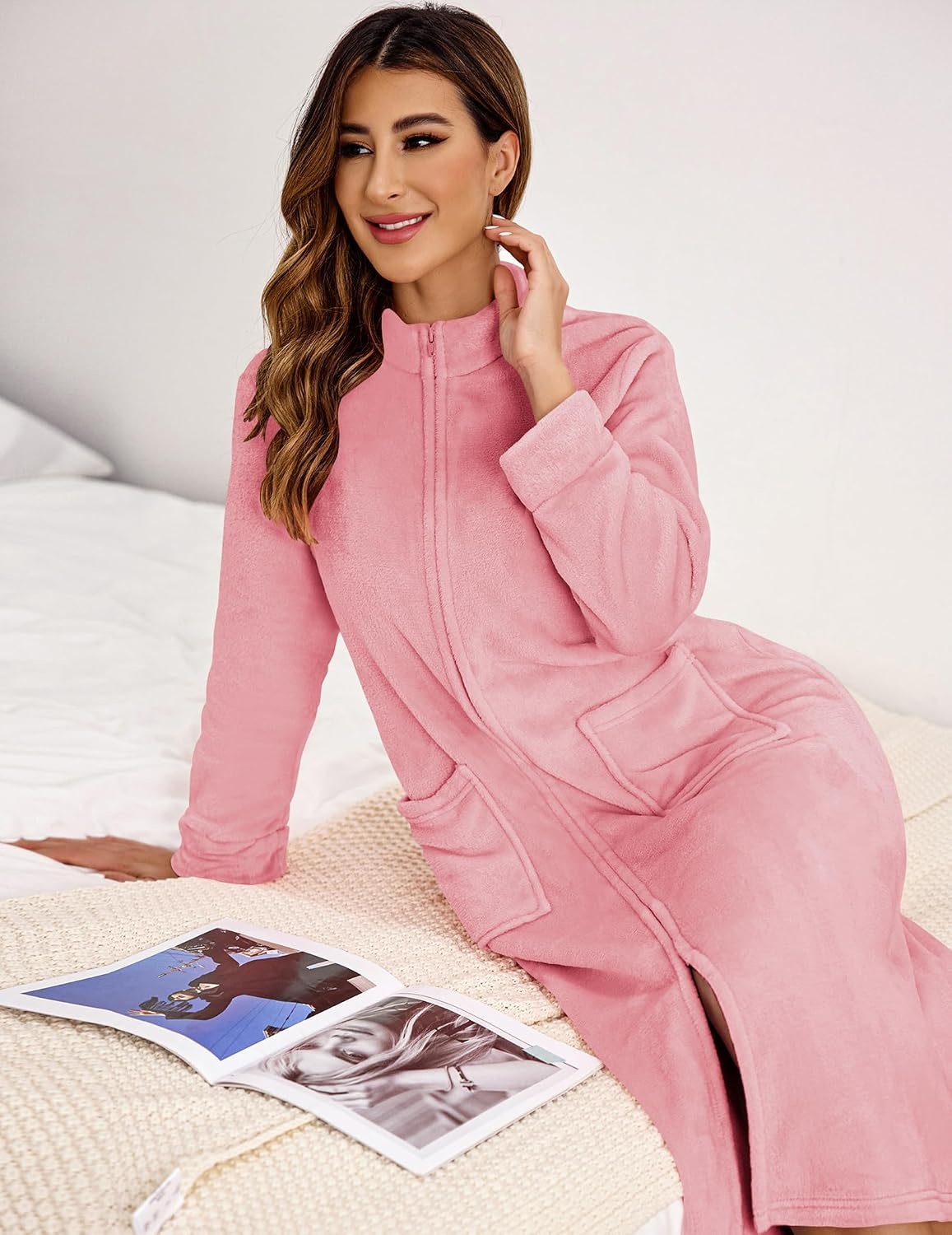 image:imageEkouaer Women Zipper Robe Fleece Long Sleeves Bathrobe Sleepwear Warm Soft Housecoat with Pockets Zip Up House DressesPink