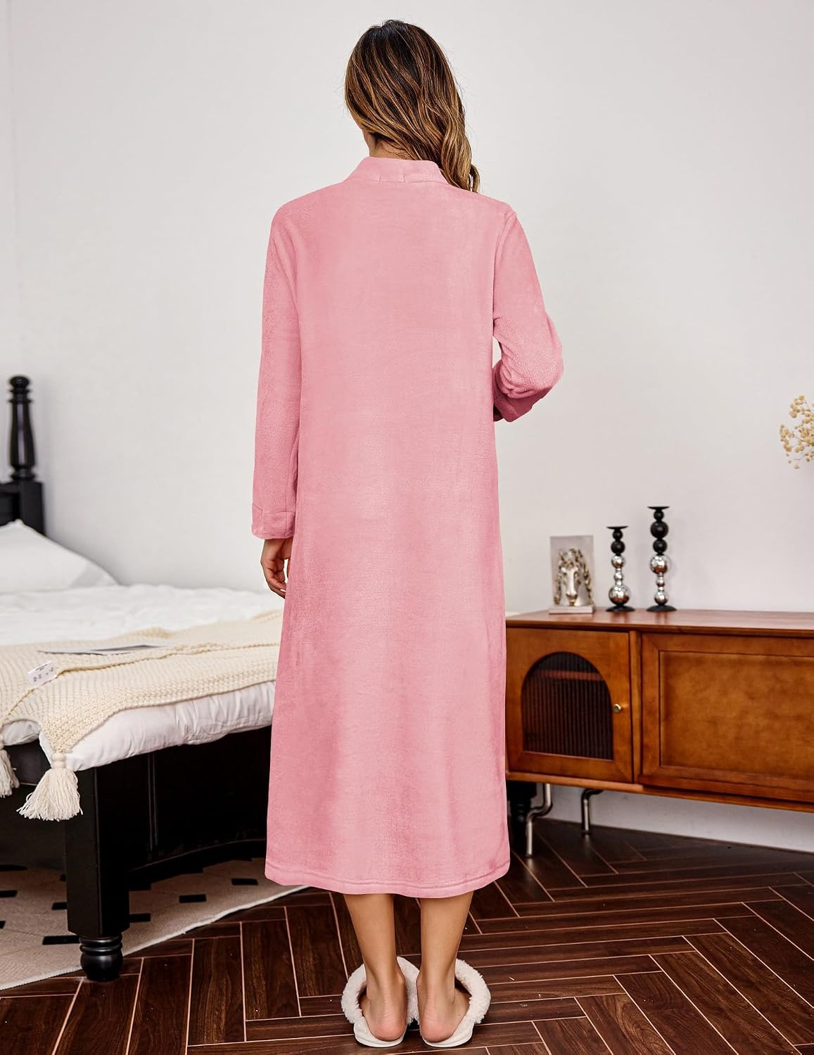 image:imageEkouaer Women Zipper Robe Fleece Long Sleeves Bathrobe Sleepwear Warm Soft Housecoat with Pockets Zip Up House DressesPink