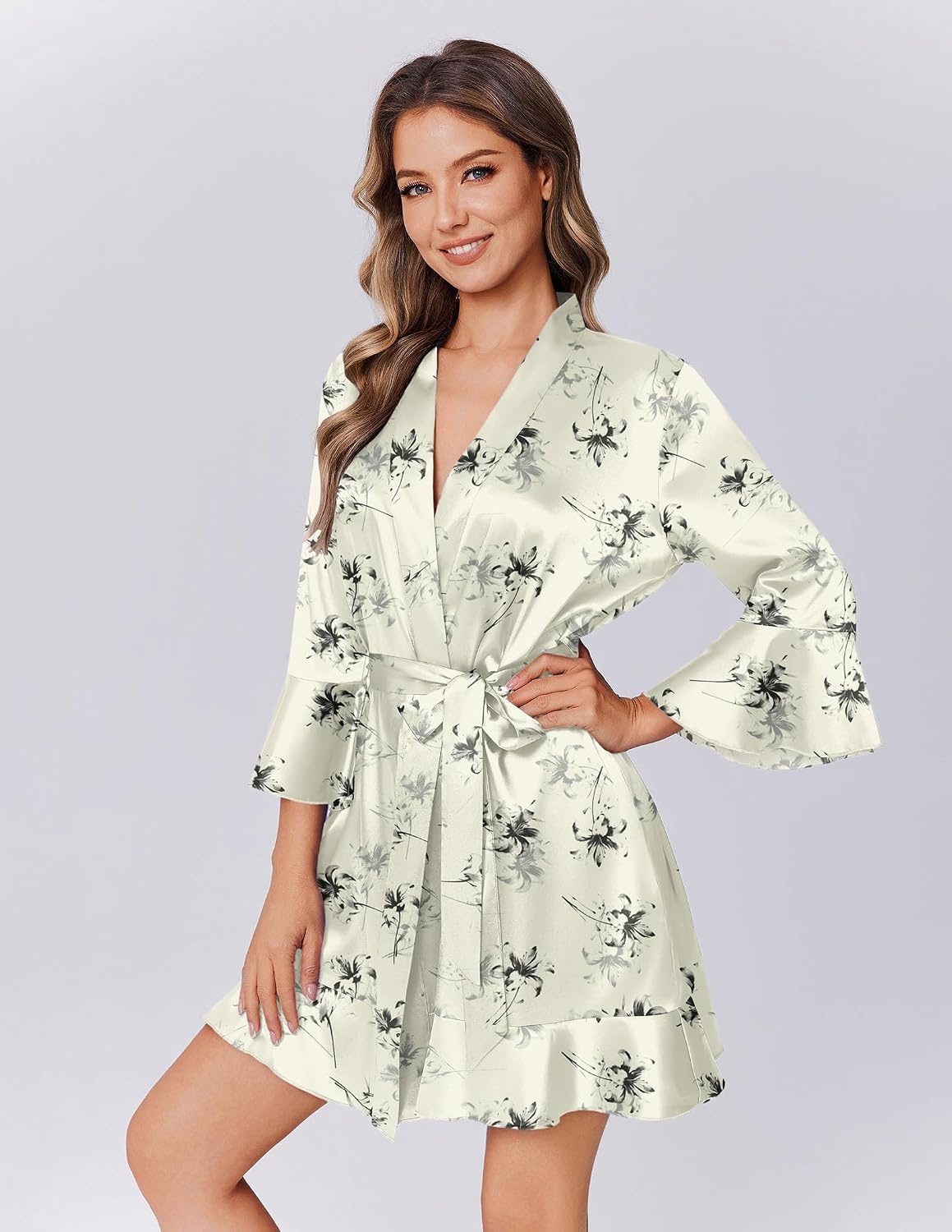image:imageEkouaer Womens Satin Robe Short Ruffle Hem Silky Robes Lightweight Kimono Brides Bathrobes Sleepwear XSXXLInk Flowers