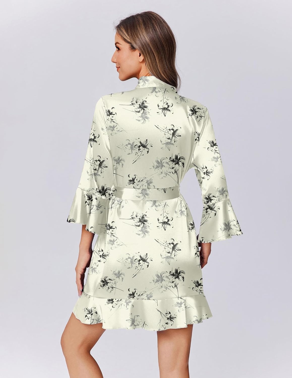image:imageEkouaer Womens Satin Robe Short Ruffle Hem Silky Robes Lightweight Kimono Brides Bathrobes Sleepwear XSXXLInk Flowers