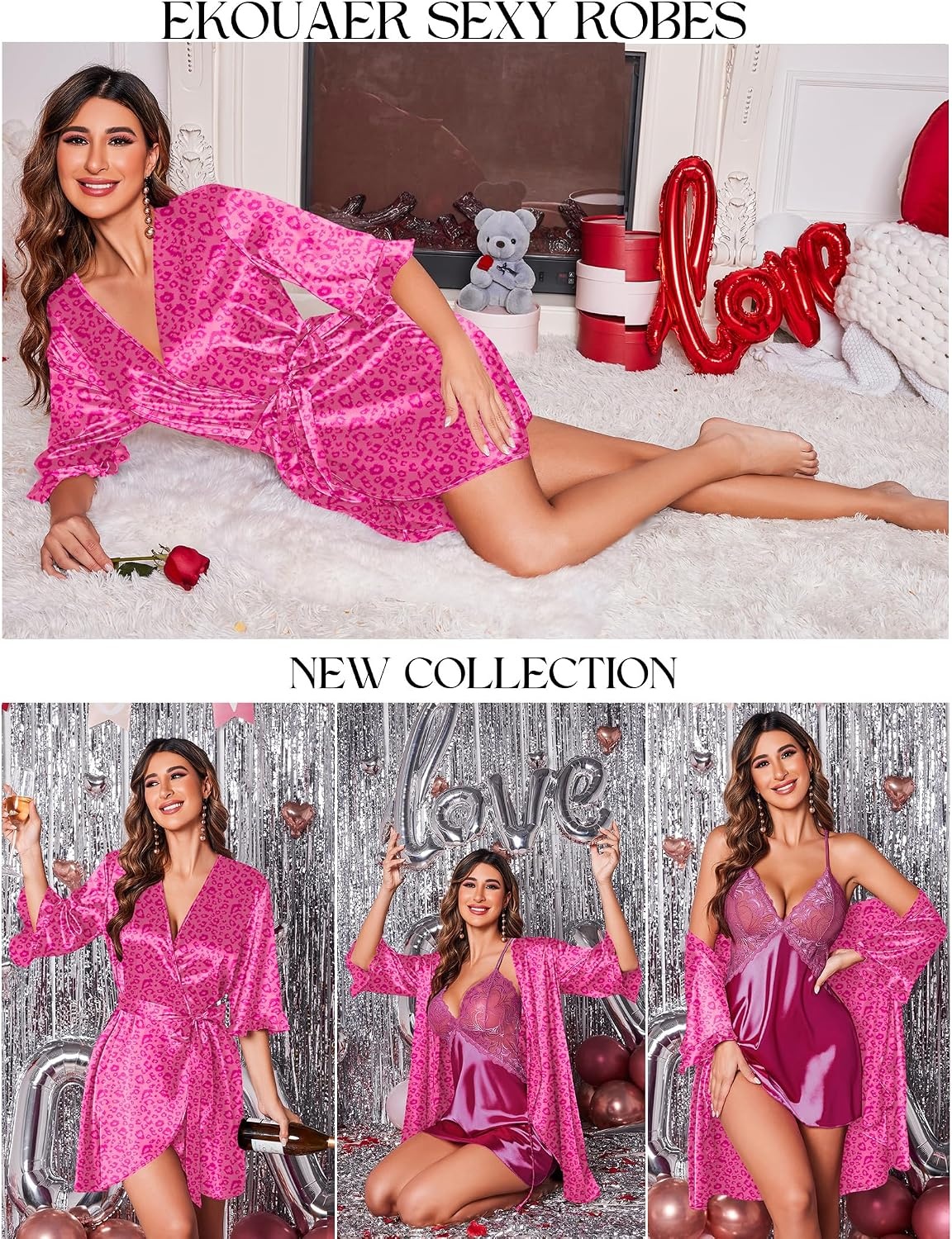 image:imageEkouaer Womens Satin Robe Valentines Lingerie for Women Kimono Bathrobe Short Ruffle Belted Robes Bridesmaids SleepwearHot Pink Leopard