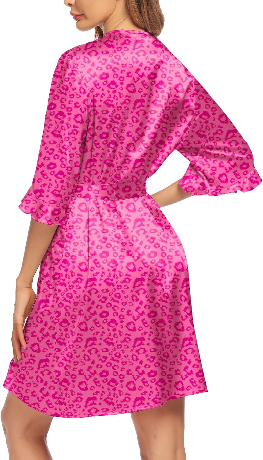 image:imageEkouaer Womens Satin Robe Valentines Lingerie for Women Kimono Bathrobe Short Ruffle Belted Robes Bridesmaids SleepwearHot Pink Leopard