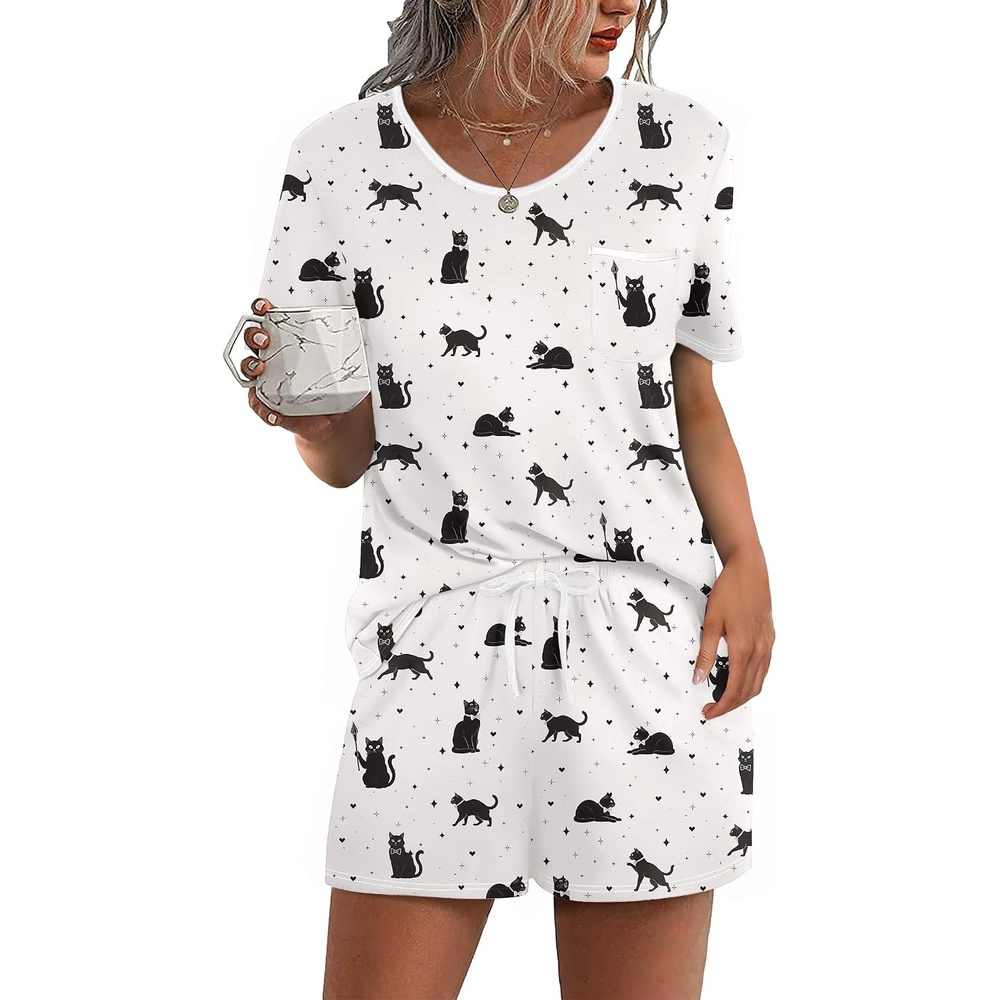 image:imageEkouaer Pajama Set for Women 2 Piece Lounge Set Short Sleeve Tops and Shorts Soft Sleepwear Chest PocketBeigecat