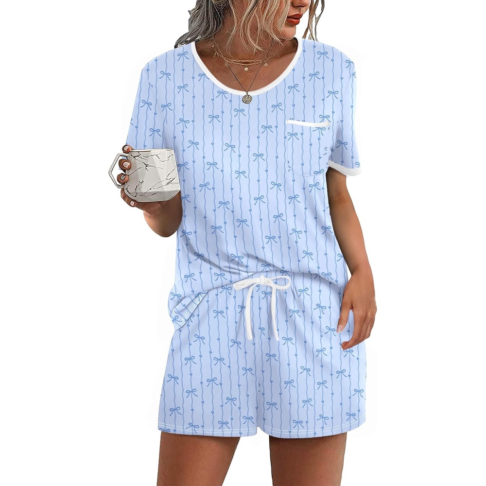image:imageEkouaer Pajama Set for Women 2 Piece Lounge Set Short Sleeve Tops and Shorts Soft Sleepwear Chest PocketBlueheart Bow