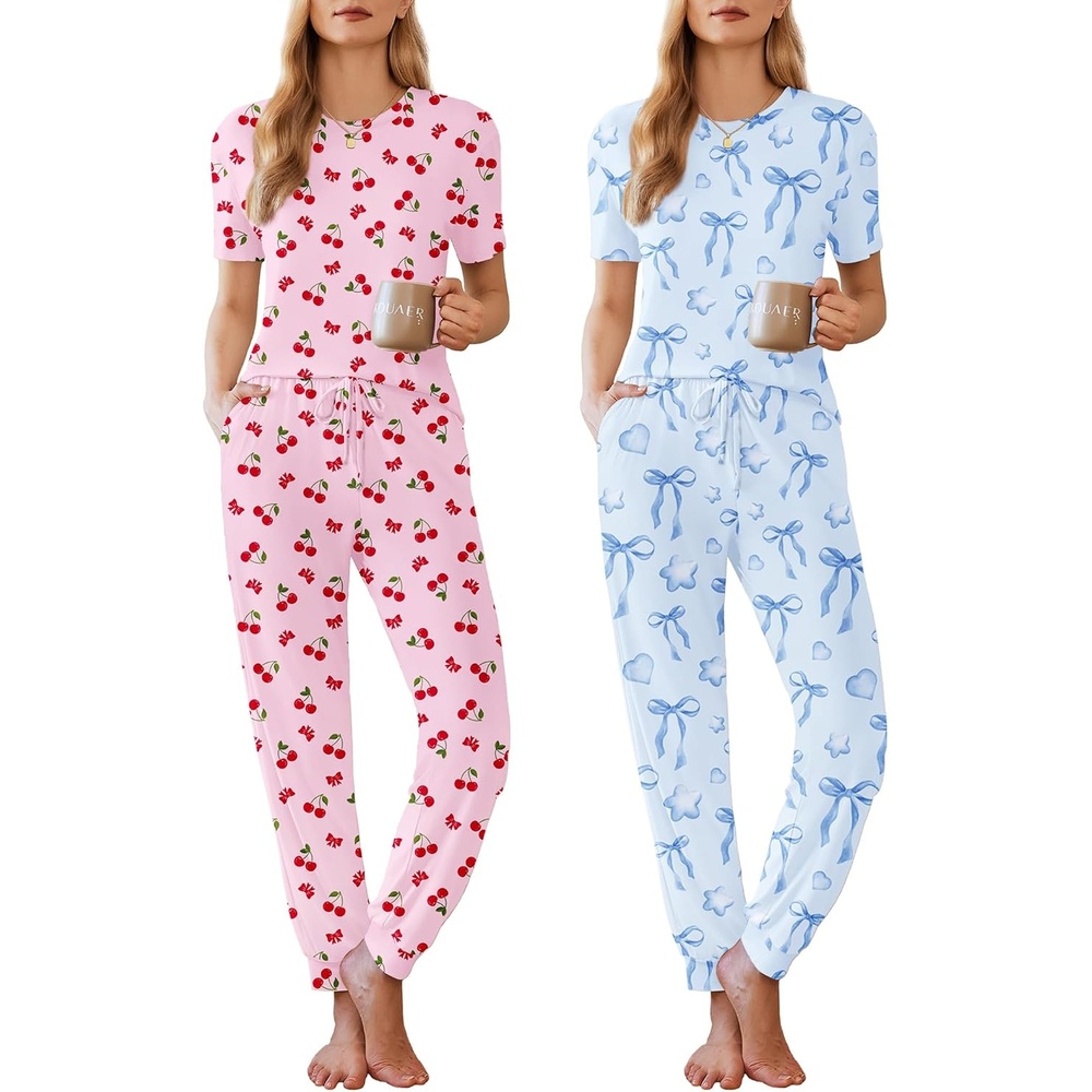 image:imageEkouaer Pajamas for Women Set 2 Pack Lounge Set Short Sleeve Pjs Joggers Long Pants Loungepwear with PocketsBlue Bowpink Cherry