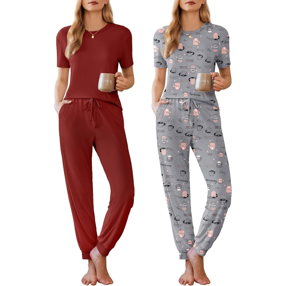 image:imageEkouaer Pajamas for Women Set 2 Pack Lounge Set Short Sleeve Pjs Joggers Long Pants Loungepwear with PocketsWine Redgrey Coffee