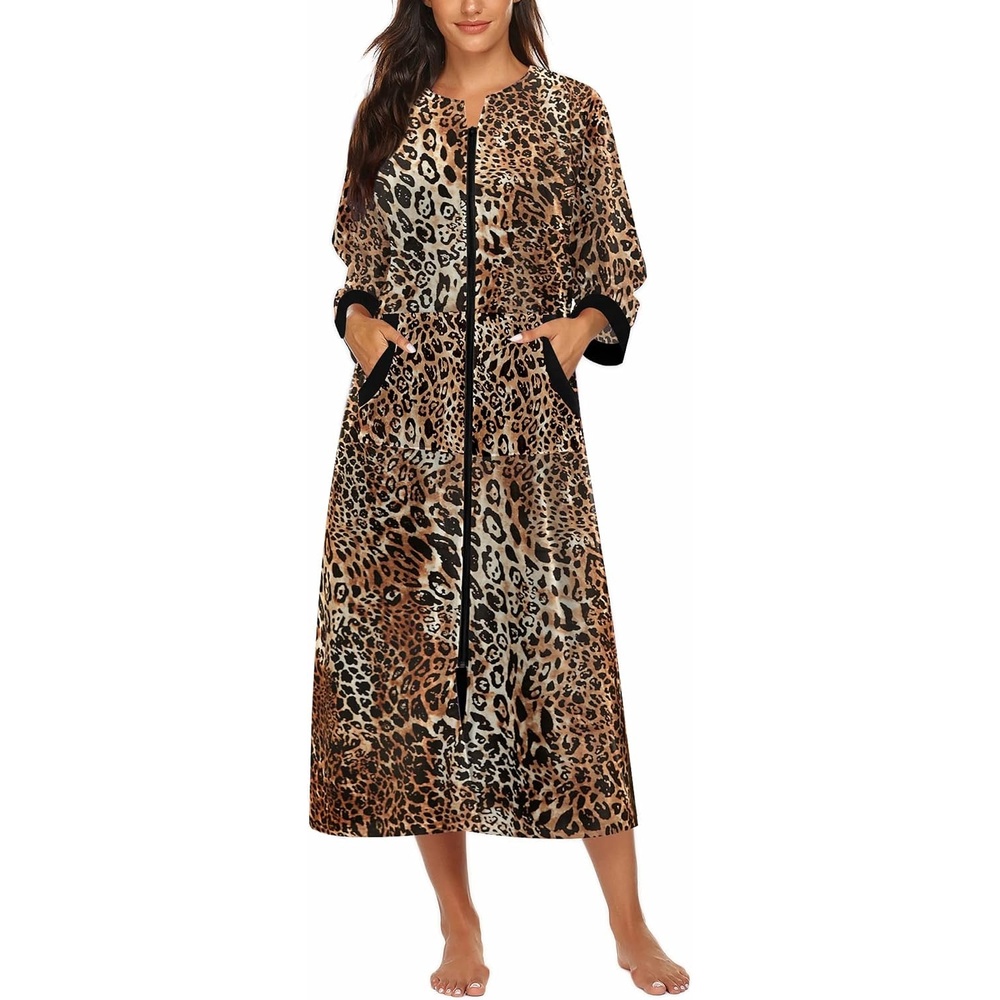 image:imageEkouaer Robes for Women Velour Zipper Robe 34 Sleeves Housecoat Full Length Loungewear Long Bathrobe with PocketsVelourleopard Print