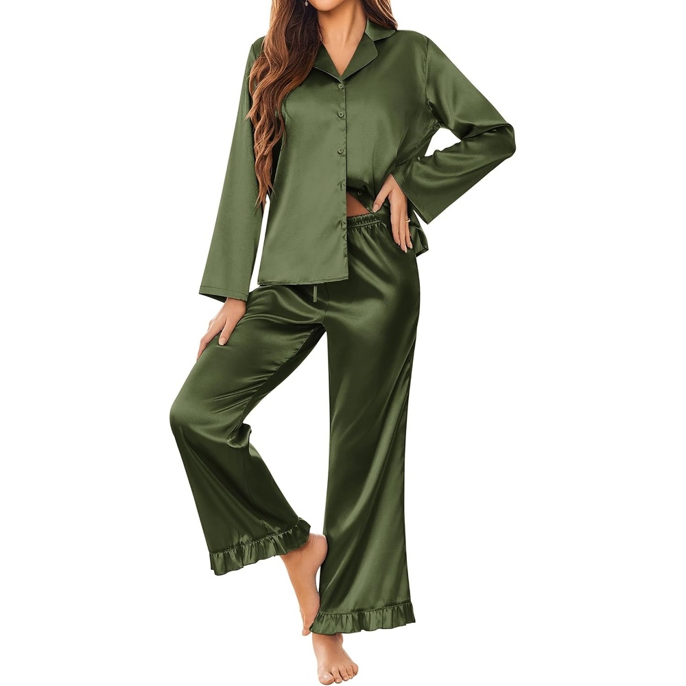 image:imageEkouaer Silk Satin Pajamas Set Womens Long Sleepwear Button Down 2 Piece Classic Soft Loungewear Pjs SetArmy Green