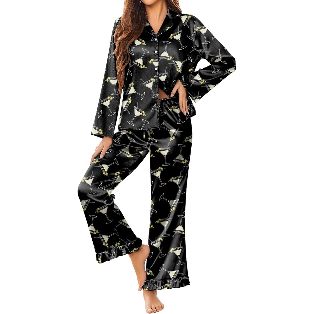 image:imageEkouaer Silk Satin Pajamas Set Womens Long Sleepwear Button Down 2 Piece Classic Soft Loungewear Pjs SetBlack Martini Drinks