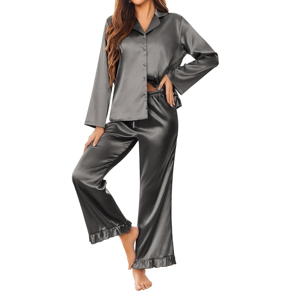 image:imageEkouaer Silk Satin Pajamas Set Womens Long Sleepwear Button Down 2 Piece Classic Soft Loungewear Pjs SetDeep Grey