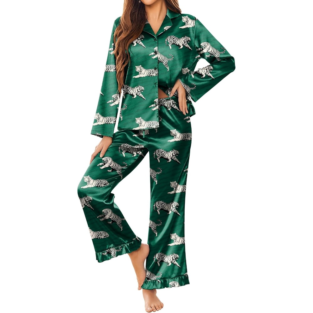 image:imageEkouaer Silk Satin Pajamas Set Womens Long Sleepwear Button Down 2 Piece Classic Soft Loungewear Pjs SetGreen With Tiger