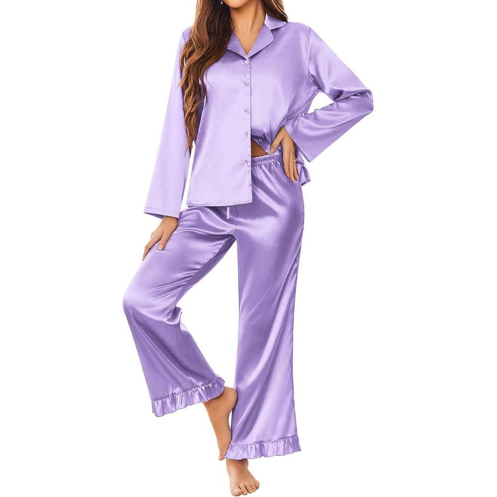 image:imageEkouaer Silk Satin Pajamas Set Womens Long Sleepwear Button Down 2 Piece Classic Soft Loungewear Pjs SetLavender