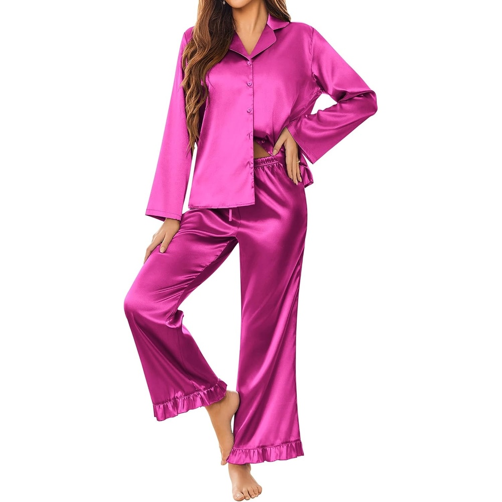 image:imageEkouaer Silk Satin Pajamas Set Womens Long Sleepwear Button Down 2 Piece Classic Soft Loungewear Pjs SetRose