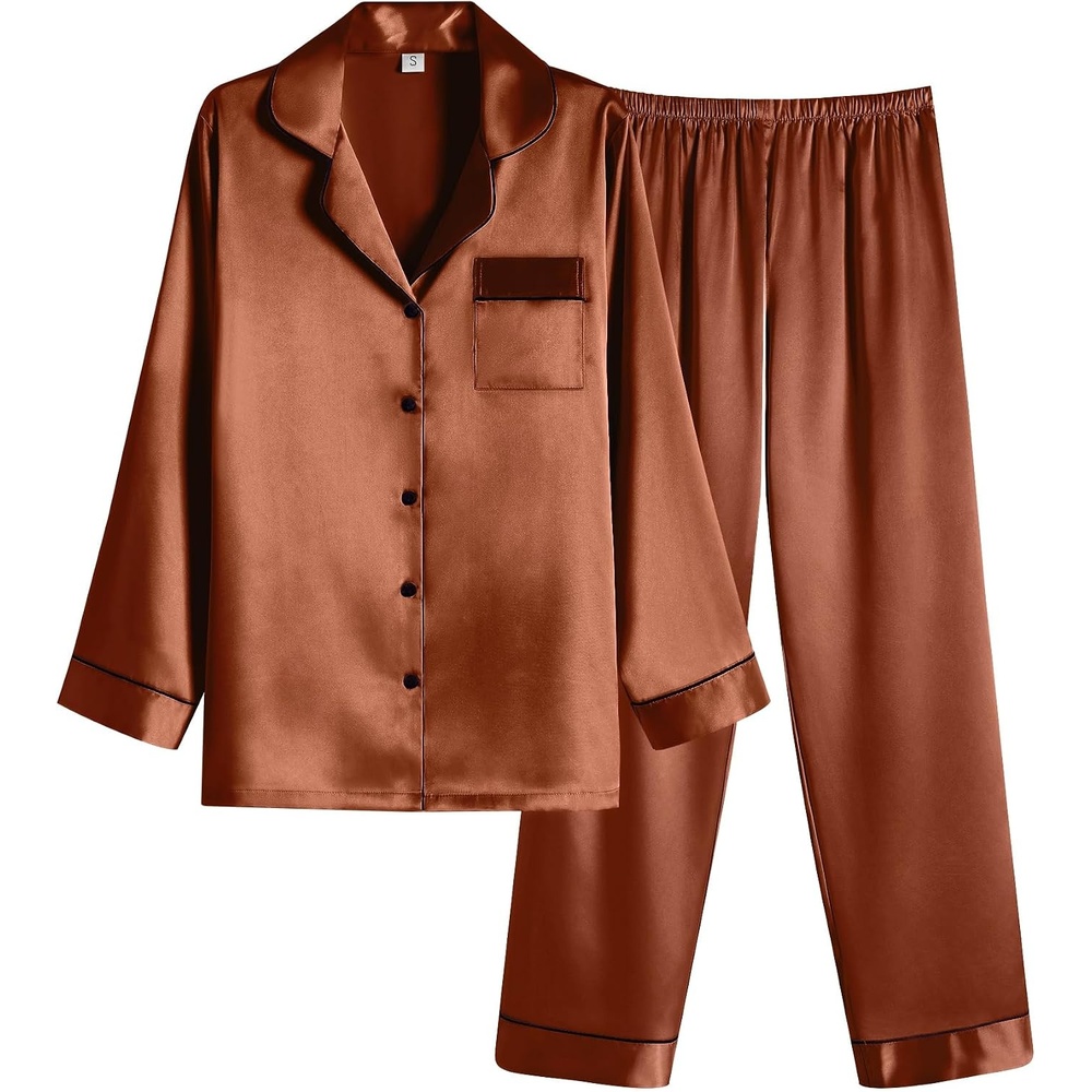 image:imageEkouaer Women Satin Pajamas Set Classic Button Down Long Pjs SetBrown 02