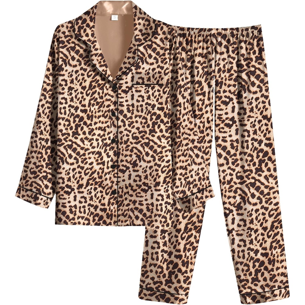 image:imageEkouaer Women Satin Pajamas Set Classic Button Down Long Pjs SetBrown Leopard 02
